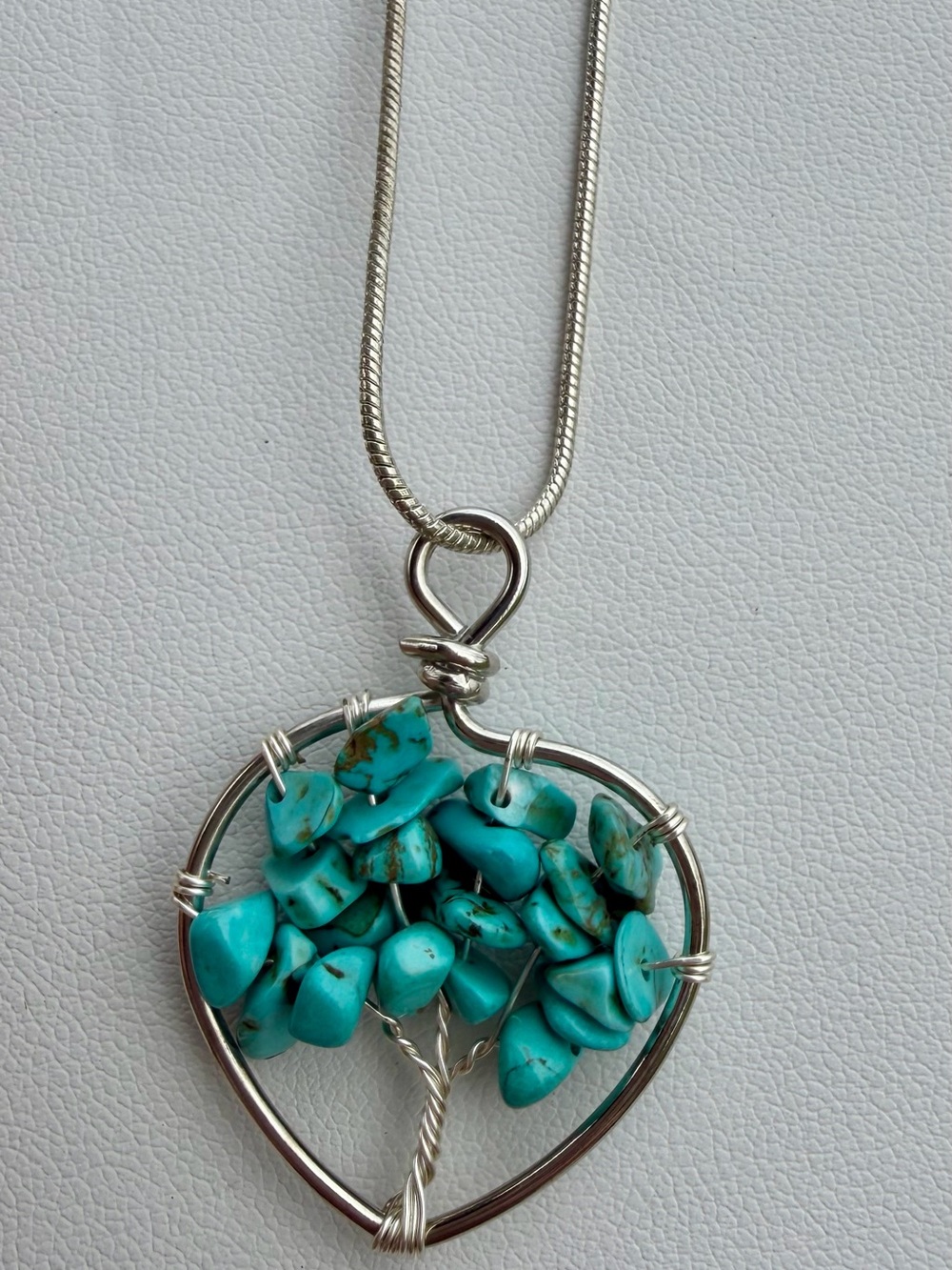 Turquoise Tree of Life Heart Pendant Necklace - Silver Tone